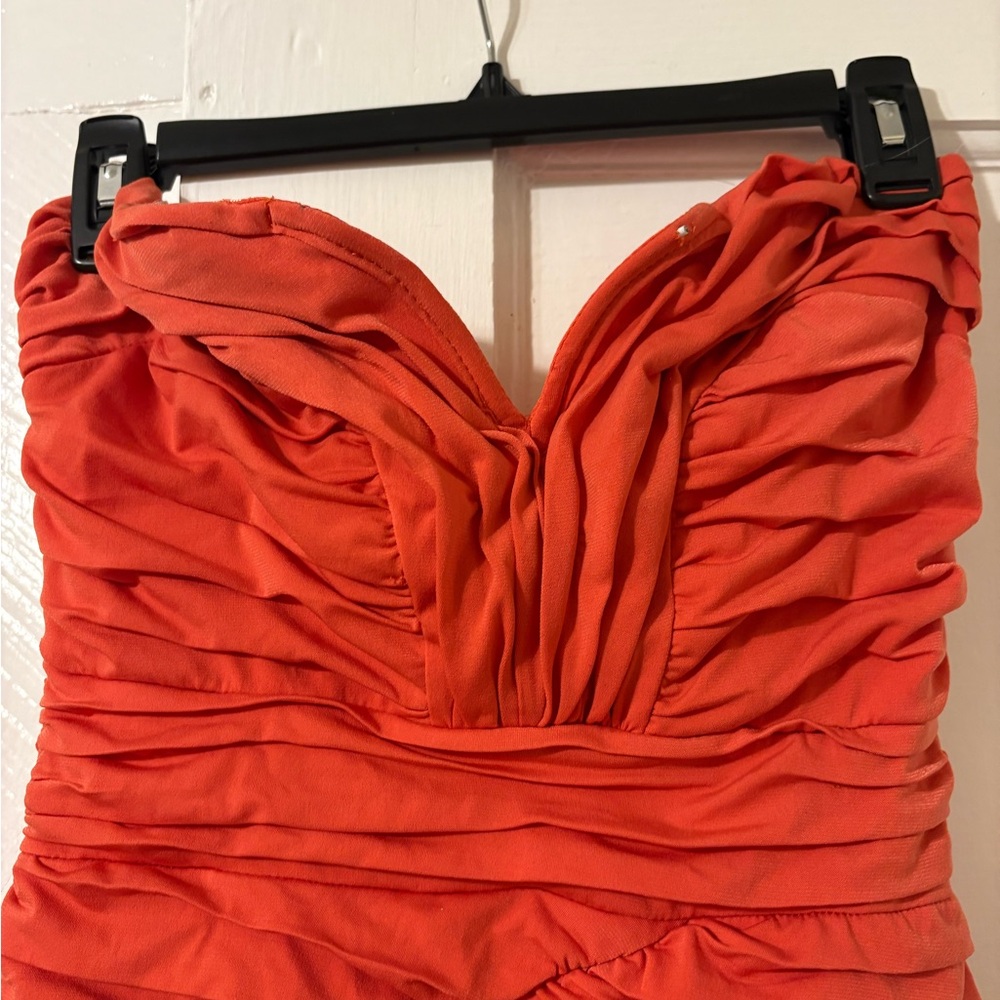 Ruched Strapless Orange Party Dress - Picture 3 of 4
